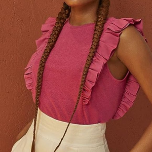 BCBGMAXAZRIA Large L Berry Pink Sleeveless Ruffle‎ Knit Linen Blend Top Revolve